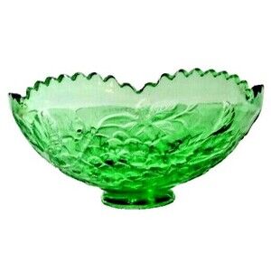 Green Glass Round Depression Style Serving Bowl Sawtooth Edge Embossed 12.5-inch